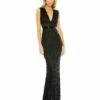 Beaded Cap Sleeve V Neck Column Gown -Women's Skirt 5625 Black AB
