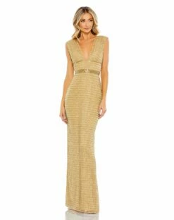 Beaded Cap Sleeve V Neck Column Gown -Women's Skirt 5625 Gold AB