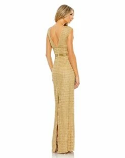 Beaded Cap Sleeve V Neck Column Gown -Women's Skirt 5625 Gold BK
