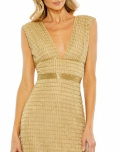 Beaded Cap Sleeve V Neck Column Gown -Women's Skirt 5625 Gold CL