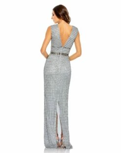 Beaded Cap Sleeve V Neck Column Gown -Women's Skirt 5625 Silver BK