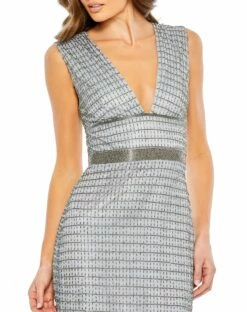 Beaded Cap Sleeve V Neck Column Gown -Women's Skirt 5625 Silver CL