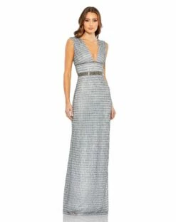 Beaded Cap Sleeve V Neck Column Gown -Women's Skirt 5625 SIL Default 1 WS