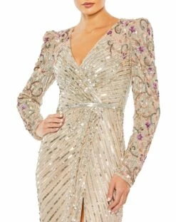 Long Sleeve Embellished Puff Sleeve Faux Wrap Gown -Women's Skirt 5628 NudeMulti CL
