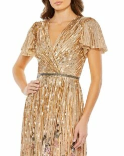 Floral Sequins Flounce Sleeve V Neck Gown -Women's Skirt 5637 Copper CL