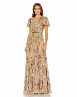 Floral Sequins Flounce Sleeve V Neck Gown