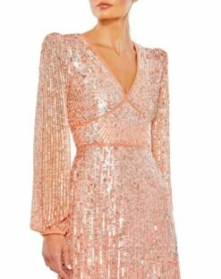 V Neck Empire Waist Puff Shoulder Sequin Embellished Gown -Women's Skirt 5643 Peach CL