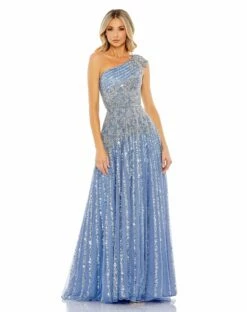 Beaded Embellished One Shoulder A Line Gown