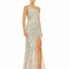 Sequined One Shoulder Draped Lace Up Gown 2 Sequined One Shoulder Draped Lace Up Gown -Women's Skirt 5687 NudeSilver AB