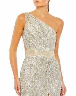 Sequined One Shoulder Draped Lace Up Gown -Women's Skirt 5687 NudeSilver CL