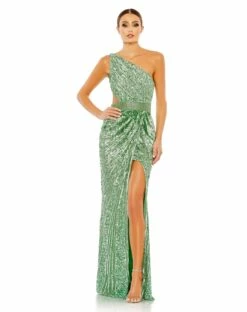 Sequined One Shoulder Draped Lace Up Gown -Women's Skirt 5687 Sage AB