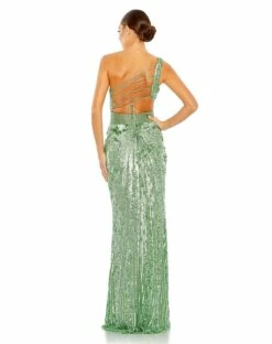 Sequined One Shoulder Draped Lace Up Gown -Women's Skirt 5687 Sage BK