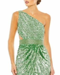 Sequined One Shoulder Draped Lace Up Gown -Women's Skirt 5687 Sage CL