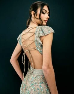 Embellished Cut Out Lace Up Cap Sleeve Gown -Women's Skirt 5689 Nude Multi v2 2