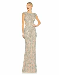 Embellished Cut Out Lace Up Cap Sleeve Gown