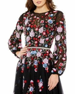 Sequined Floral High Neck Puff Sleeve Cocktail Dress -Women's Skirt 5712 BlackMulti CL