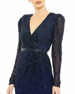 Sequined Wrap Over Long Sleeve Gown -Women's Skirt 5715 Midnight CL