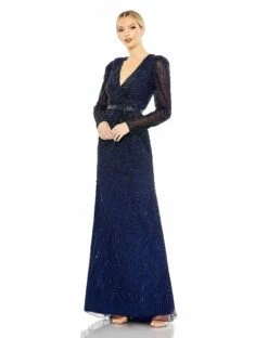 Sequined Wrap Over Long Sleeve Gown
