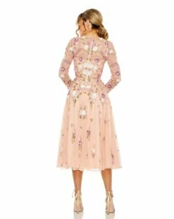 Sequined Floral Long Sleeve High Neck Midi Dress 14 Sequined Floral Long Sleeve High Neck Midi Dress -Women's Skirt 5716 Blush BK