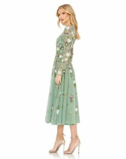 Sequined Floral Long Sleeve High Neck Midi Dress 12 Sequined Floral Long Sleeve High Neck Midi Dress -Women's Skirt 5716 SageMulti AS