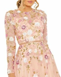 Sequined Floral Long Sleeve High Neck Midi Dress 15 Sequined Floral Long Sleeve High Neck Midi Dress -Women's Skirt 5716Blush CL