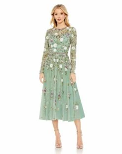 Sequined Floral Long Sleeve High Neck Midi Dress
