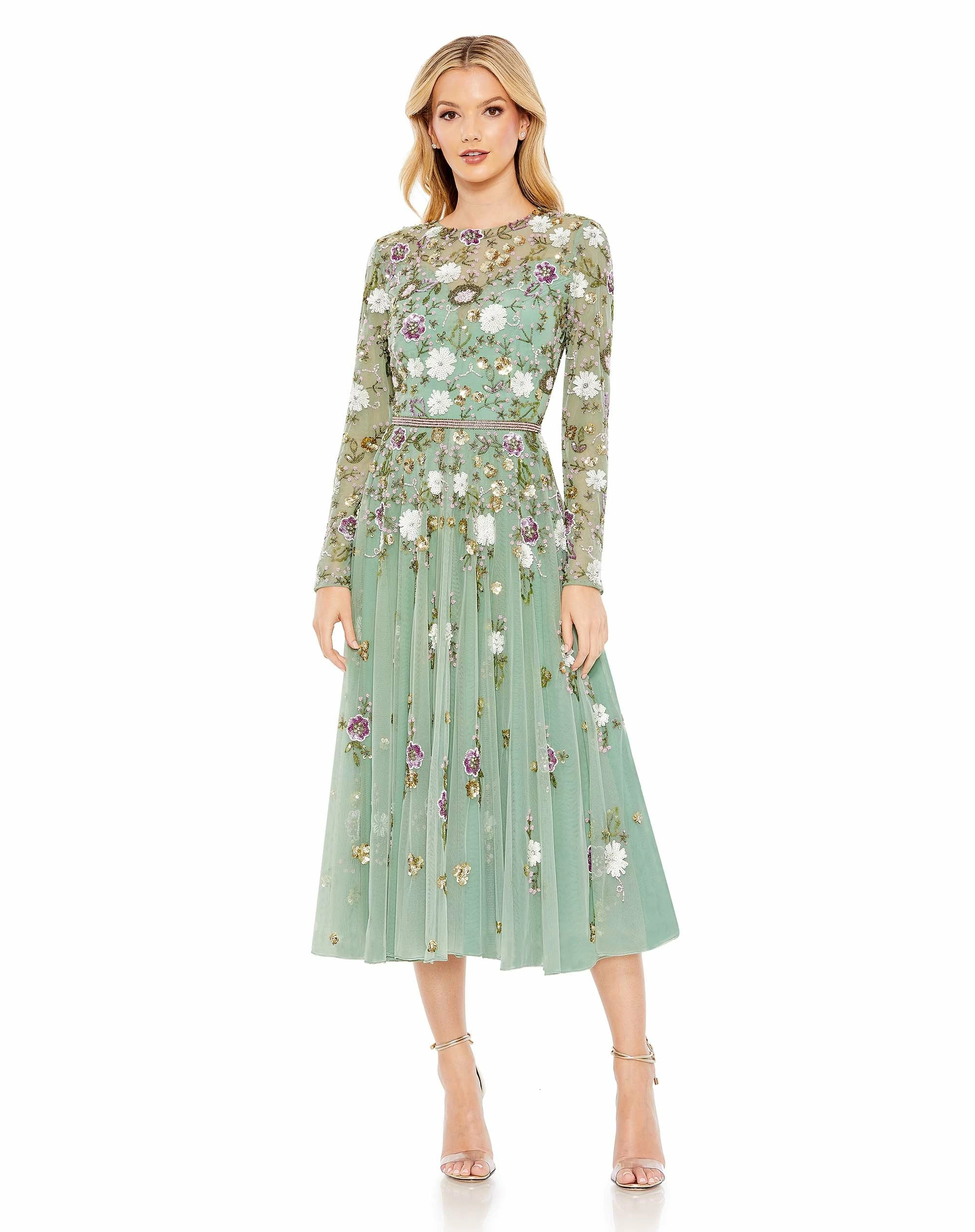 Sequined Floral Long Sleeve High Neck Midi Dress 3 Sequined Floral Long Sleeve High Neck Midi Dress