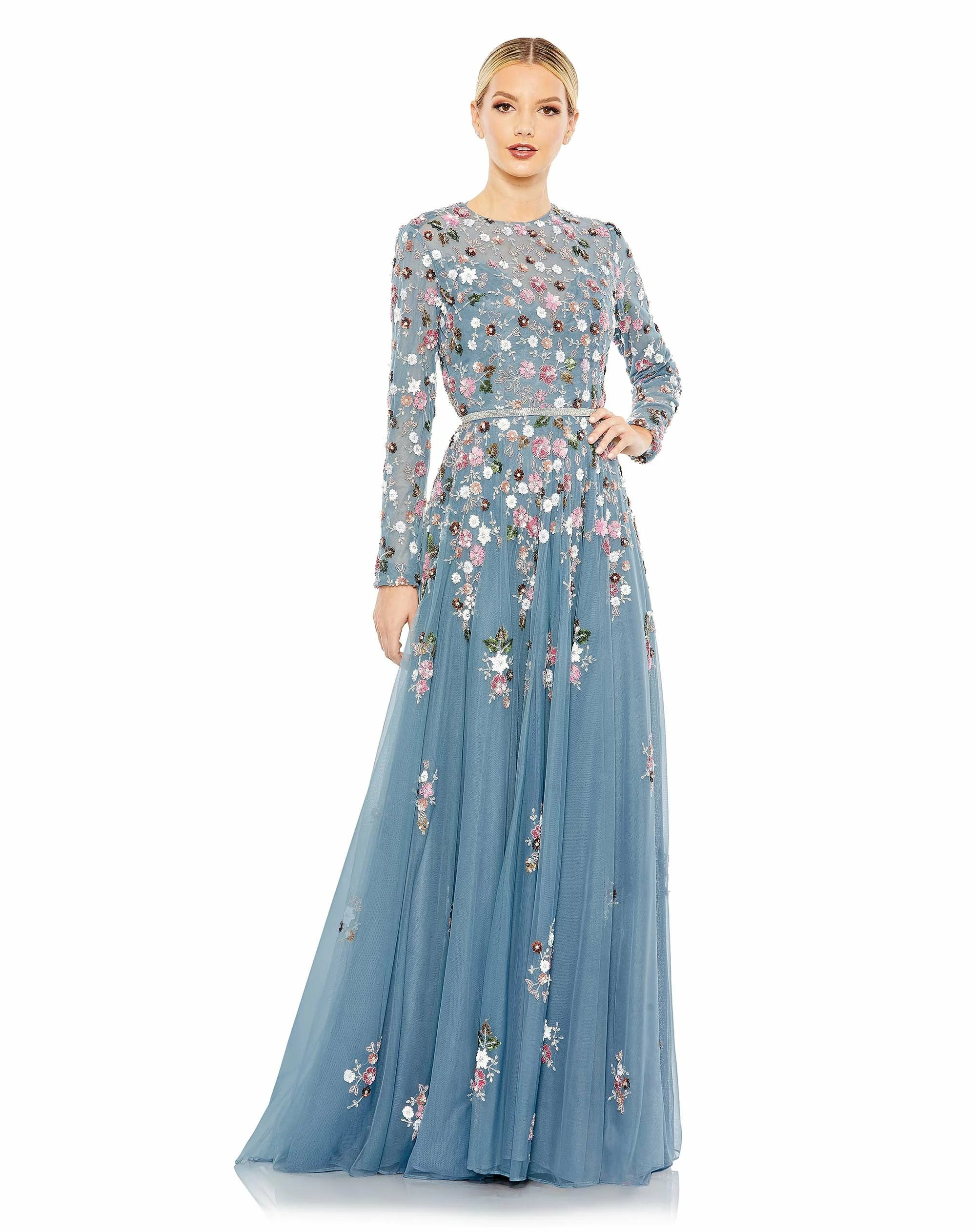 Sequined Floral Long Sleeve High Neck Gown 3 Sequined Floral Long Sleeve High Neck Gown