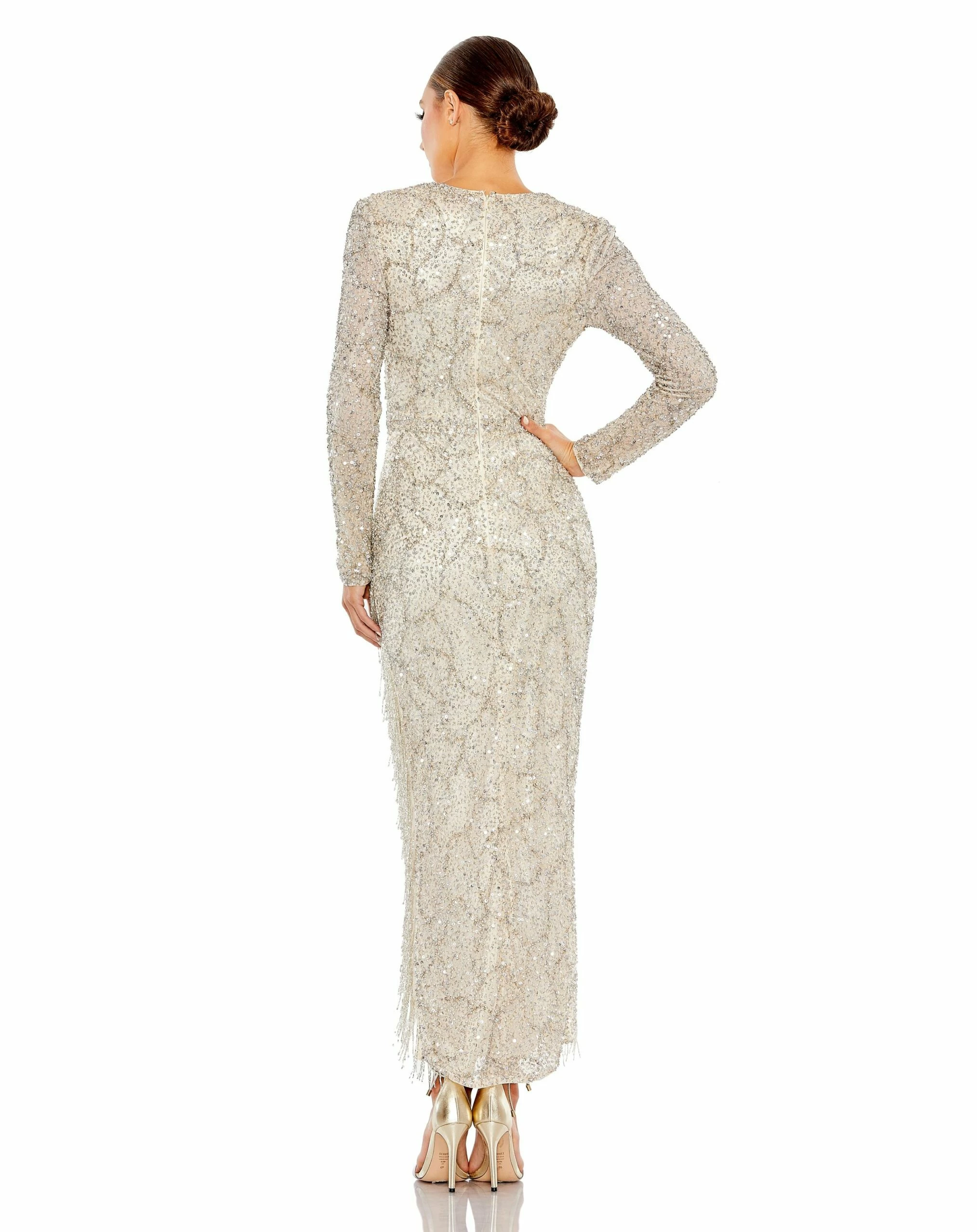 Embellished Long Sleeve V Neck Beaded Hem Gown 4 Embellished Long Sleeve V Neck Beaded Hem Gown - Image 2