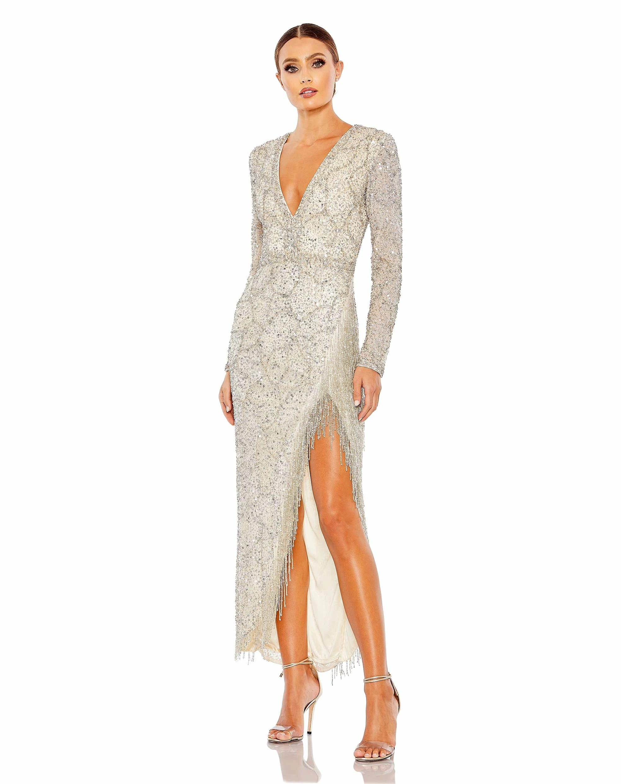 Embellished Long Sleeve V Neck Beaded Hem Gown 3 Embellished Long Sleeve V Neck Beaded Hem Gown