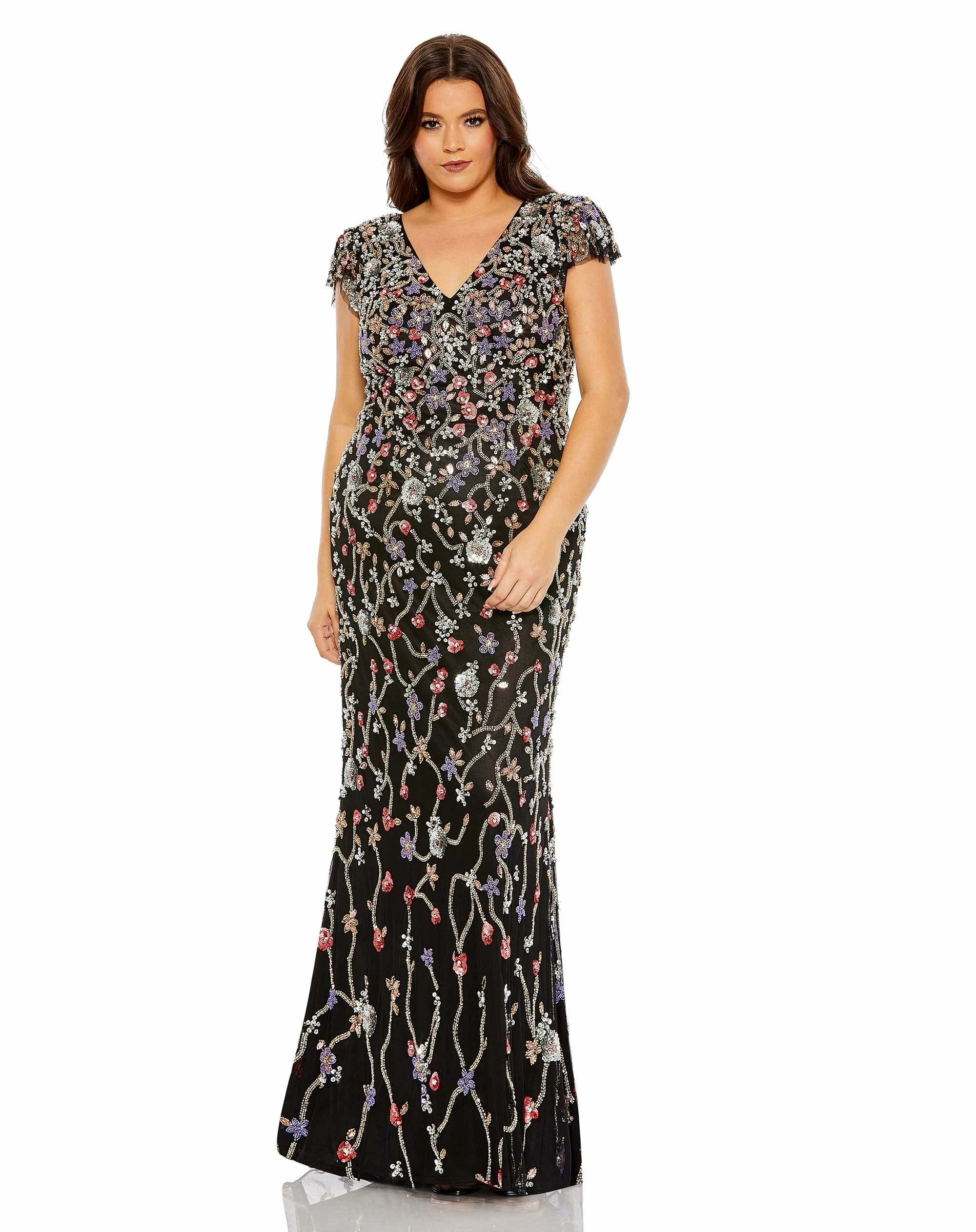 Embellished Flutter Cap Sleeve V Neck Gown 3 Embellished Flutter Cap Sleeve V Neck Gown