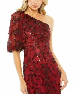 One Shoulder Puff Sleeve Embellished Column Gown -Women's Skirt 5912 Burgundy CL