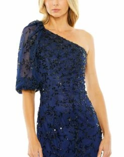 One Shoulder Puff Sleeve Embellished Column Gown -Women's Skirt 5912 Midnight CL