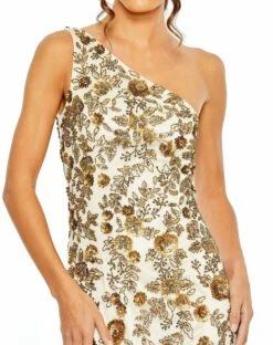 Floral Beaded One Shoulder Gown -Women's Skirt 5955 ChampagneGold CL