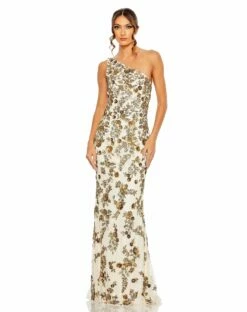 Floral Beaded One Shoulder Gown