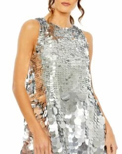 Sleeveless Disc Sequin Trapeze Mini Dress -Women's Skirt 5961 Silver CL