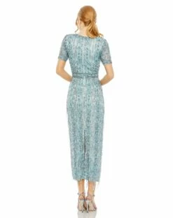 High Neck Short Sleeve Crystal Fringe Column Dress -Women's Skirt 5980 FrenchBlue BK