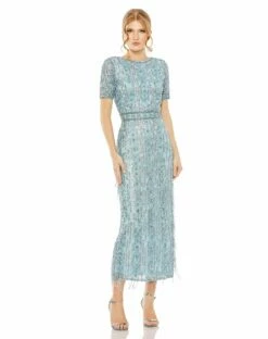 High Neck Short Sleeve Crystal Fringe Column Dress -Women's Skirt 5980 FBU Default 1 WS