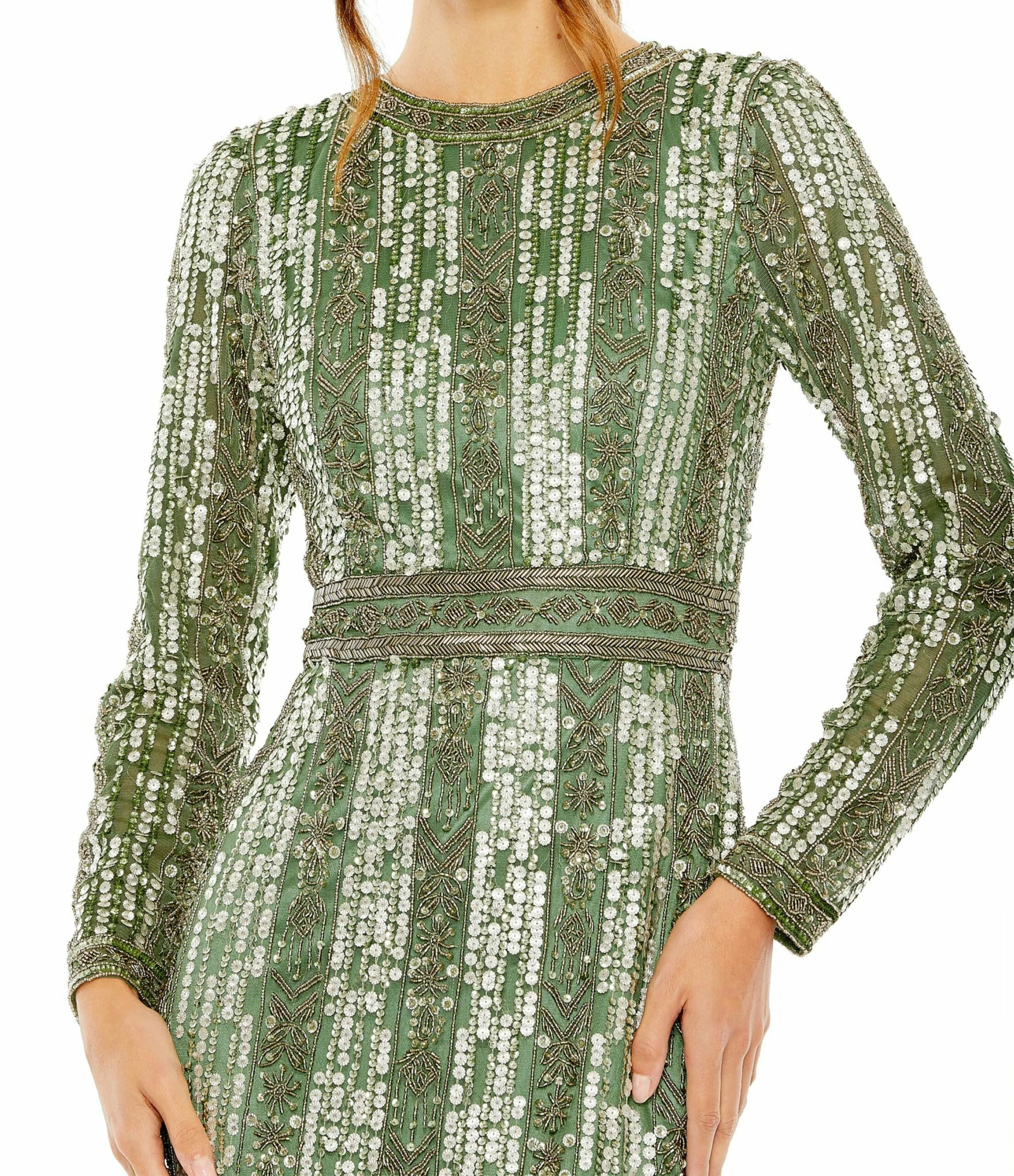 High Neck Long Sleeve Crystal Fringe Column Gown 5 High Neck Long Sleeve Crystal Fringe Column Gown - Image 3