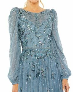 Floral Embellished High Neck Puff Long Sleeve A Line Midi Dress -Women's Skirt 5990 SlateBlue CL
