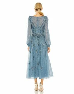 Floral Embellished High Neck Puff Long Sleeve A Line Midi Dress -Women's Skirt 5990 SLA 2 WS