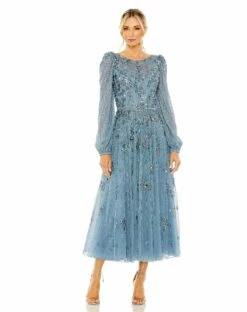 Floral Embellished High Neck Puff Long Sleeve A Line Midi Dress -Women's Skirt 5990 SLA Default 1 WS