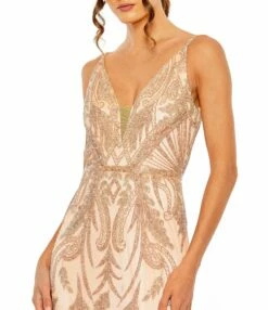 V Neck Sequin Embellished Gown -Women's Skirt 6015 Apricot CL