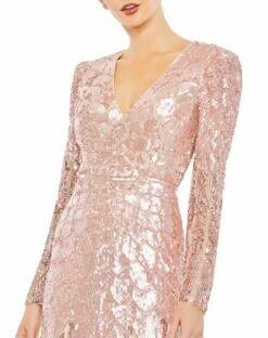 All Over Sequined Long Sleeve V Neck Gown -Women's Skirt 6088 RoseGold CL