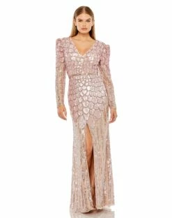 All Over Sequined Long Sleeve V Neck Gown