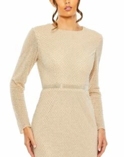 Beaded High Neck Long Sleeve Gown -Women's Skirt 6089 NudeSilver CL