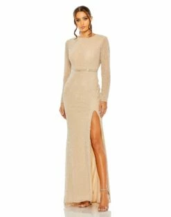 Beaded High Neck Long Sleeve Gown