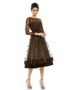 Embellished Illusion High Neck Long Sleeve Fit & Flare -Women's Skirt 67007 Coffee AB