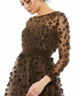 Embellished Illusion High Neck Long Sleeve Fit & Flare -Women's Skirt 67007 Coffee CL