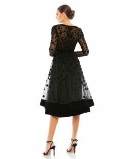 Embellished Illusion High Neck Long Sleeve Fit & Flare -Women's Skirt 67007 BLK 2 WS
